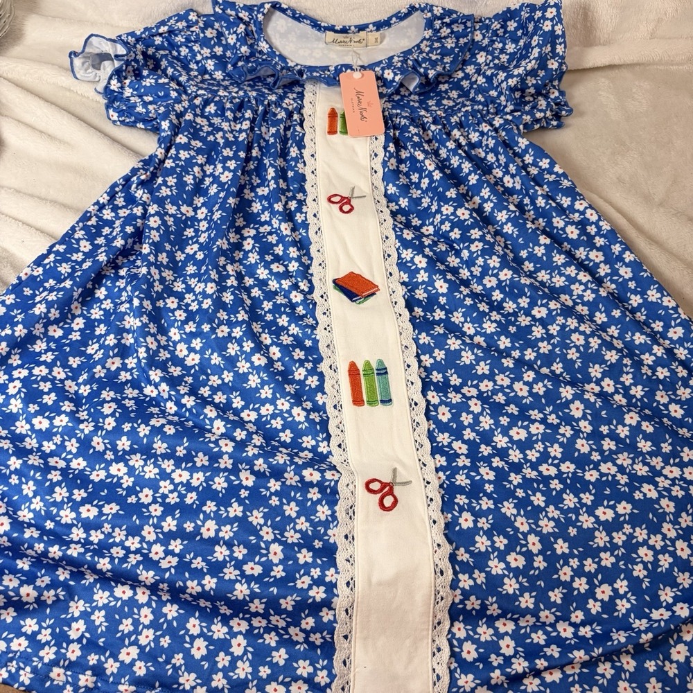 Marie Nicole Clothing Blue Floral School Days Ruffle Dress Girls 3T Boutique NWT